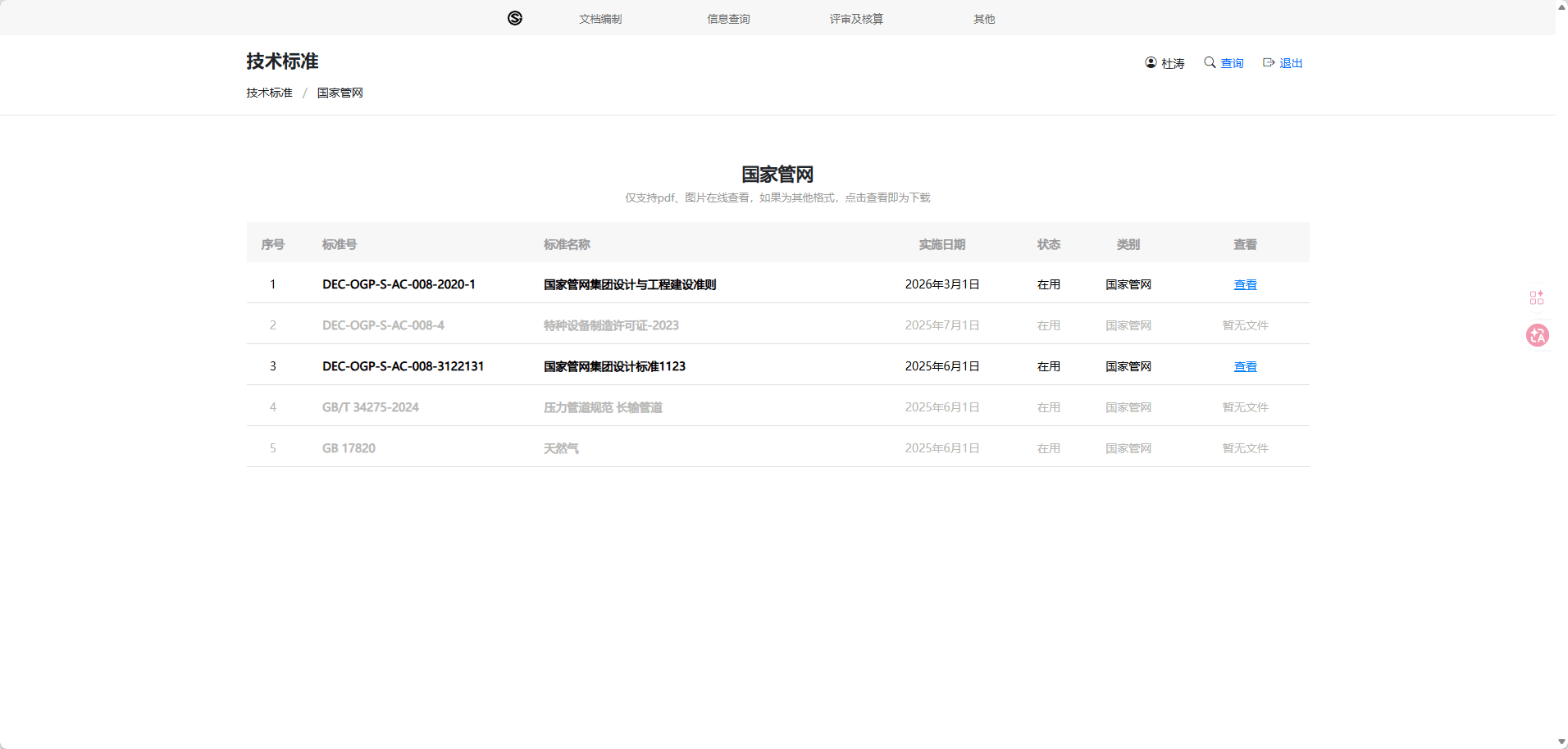 技术标准列表